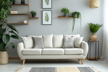 A modern living room featuring a white couch and several potted plants elegantly arranged.