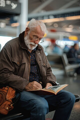 An older man engrossed in reading a book while waiting at an airport, portraying a serene pre-travel moment