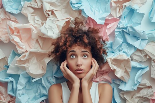 Woman overwhelmed by a sea of crumpled paper - Powered by Adobe