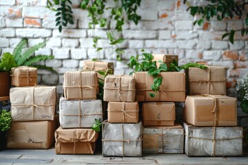 Multiple wrapped packages and boxes against a brick wall with green plants conveying the idea of eco-friendly packaging or online shopping - Powered by Adobe