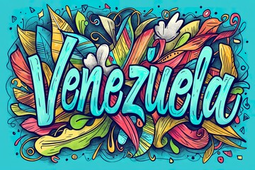 The word Venezuela depicted in vibrant colors and creative lettering against a blue backdrop.