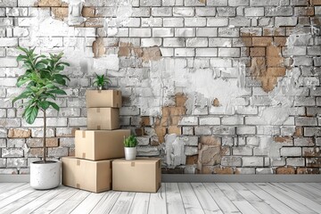 Stacked cardboard boxes against an aged and textured white brick wall evoke a contrast of old and new - obrazy, fototapety, plakaty