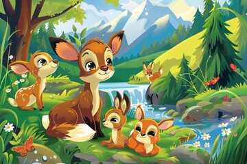 Illustration of a cartoon children's fairy tale about animals. Joyful forest animals beside a tranquil stream in a picturesque mountain setting for tales of harmony with nature