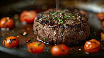 Sizzling Filet Mignon with Cherry Tomatoes - A Taste Symphony. Concept Steakhouse Dining, Gourmet Cooking, Fine Dining Experience, Culinary Artistry, Mouthwatering Meat