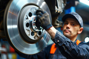 An automotive technician meticulously attaching a wheel during vehicle maintenance