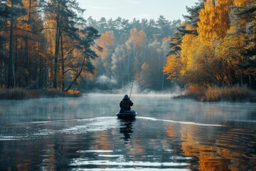 A meditative moment as a fisherman in a rowboat floats on a still, mirror-like lake with autumn...