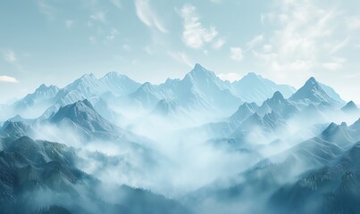 Craft a digital rendering of a majestic mountain range seen from behind, with a dense mist shrouding the peaks in an air of mystery Showcase the layers of the landscape using CG 3D rendering - obrazy, fototapety, plakaty