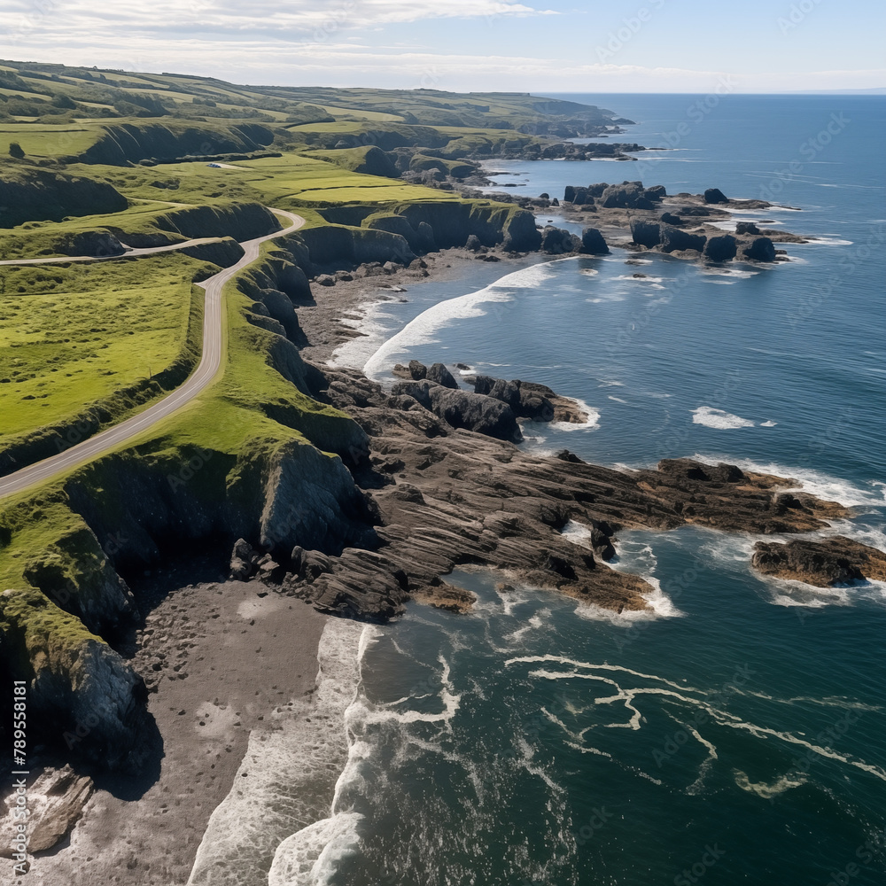 Wall mural view of the coast of the atlantic ocean, Causeway Coastal Route in Northern Ireland, UK. Aerial clip stock photo