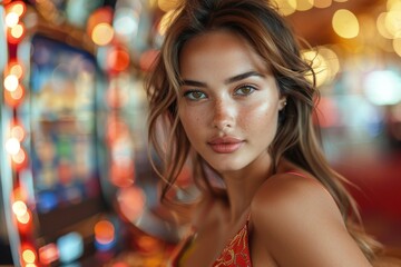 Stunning portrait of a young woman with captivating eyes amid a vibrant casino setting