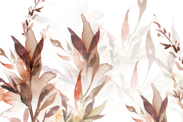 Autumn png floral watercolor background in brown with leaf illustration