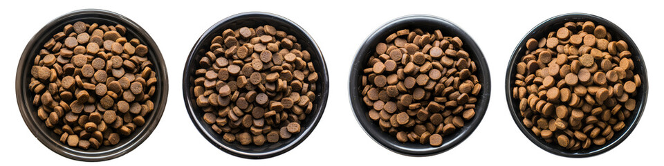 dog or cat food on black pet bowl top view isolated on white or transparent background png cutout...