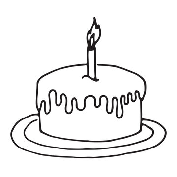 Simple doodle balck and white vector illustration sketch line art birthday b-day cake with cream snd lit candle on plate