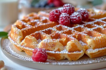Delicious and fresh waffles served with ripe raspberries, sprinkled with powdered sugar on a white...