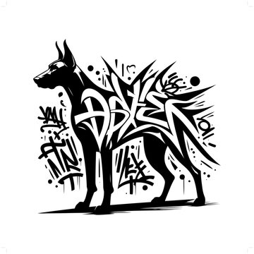Doberman dog silhouette, animal graffiti tag, hip hop, street art typography illustration.