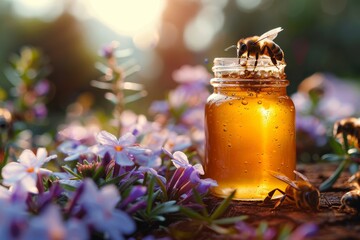 An enchanting scene featuring a translucent honey jar surrounded by purple flowers with bees, showcasing nature's sweetness
