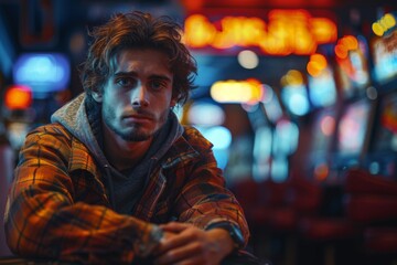 Fototapeta premium A thoughtful young man in a plaid shirt sits in a city with neon lighting at night, portraying urban loneliness