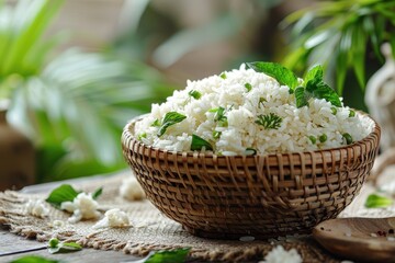 Warm, inviting image of cooked white rice in a woven bowl, garnished with green herbs, evoking feelings of home and comfort