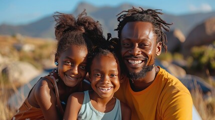 African American family enjoying a camping vacation in a national park.