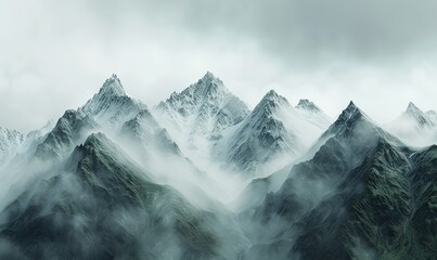 Craft a digital rendering of a majestic mountain range seen from behind, with a dense mist shrouding the peaks in an air of mystery Showcase the layers of the landscape using CG 3D rendering