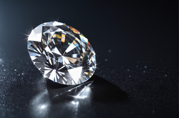 A sparkling diamond resting on a sleek black surface, reflecting light with its facets - obrazy, fototapety, plakaty