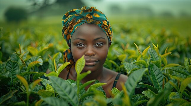 Portrait of a woman tea plucker smiling in Kericho's tea plantation.