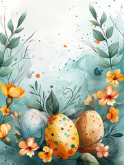 background birthday invitation with cute watercolor easter eggs and flowera in corners, vector style Generative AI
