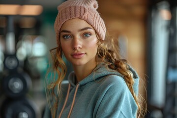 Young attractive woman wearing a beanie hat with captivating blue eyes and a natural look