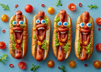 Funny hot dogs with sausage and vegetables on blue background, top view