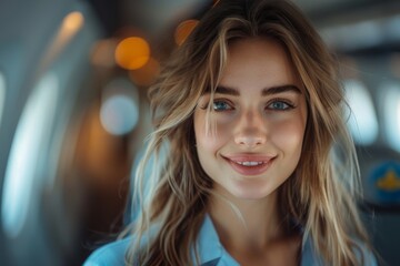 Fototapeta premium Woman pilot smiling softly inside the cabin, bathed in golden hour light