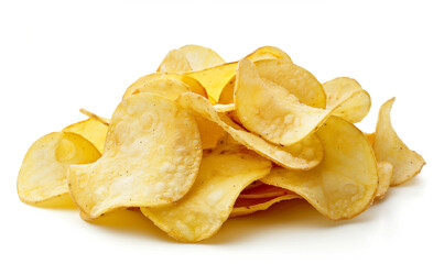 Photo of sliced potato chips on white background, studio shot (edited generative AI) - obrazy, fototapety, plakaty