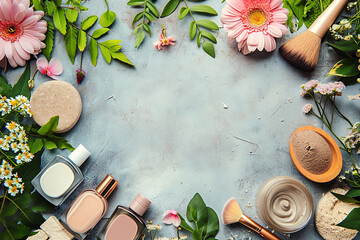 Woman flat lay make up background with cosmetics. Place for text. Makeup products and decorative...