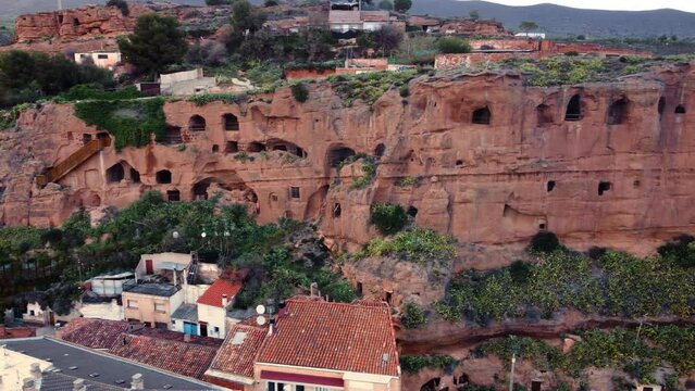 Aerial view of the hundred pillars cave an ancient hermitage carved in the rock in Arnedo, La Rioja, Spain. High quality 4k footage