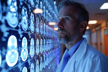 A dedicated radiologist carefully analyzes multiple MRI brain scans, working late in a hospital setting - obrazy, fototapety, plakaty