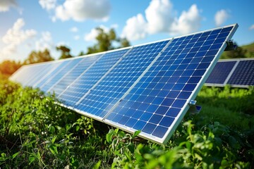 Large solar panel array standing tall in a green field, showcasing sustainable energy solutions and environmental conservation