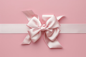 Beautiful pink satin ribbon with bow on pink. Gift or holiday concept. Mothers Day,