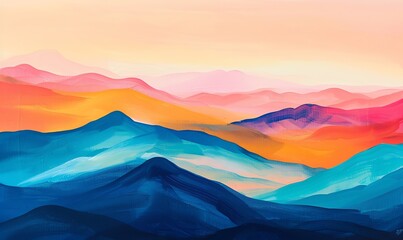 Craft a modern abstract artwork showcasing a panoramic mountain range at sunrise using acrylic paint, focusing on clean lines and vibrant colors