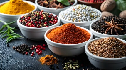 A Symphony of Spices: Global Cuisine Palette. Concept Culinary Flavors, Worldwide Recipes, Spice Blending Techniques, International Dining Trends - obrazy, fototapety, plakaty