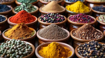 Array of Exotic Spices in Earthen Pots. Concept Spice Market, Exotic Ingredients, Culinary Delights, Aromatic Flavors, Cooking Inspiration