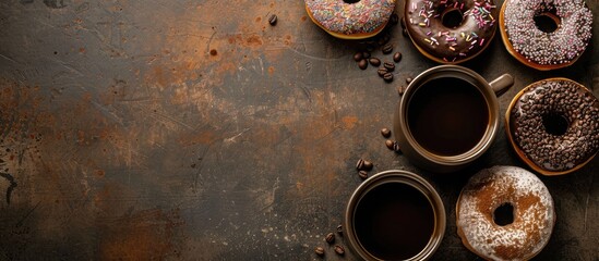 Donuts and coffee arranged on a stone table seen from above, with space for text.