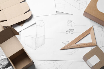 Creating packaging design. Drawings, boxes and stationery on table, above view