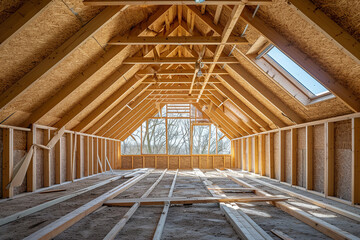Fototapeta premium New residential construction home framing, Frame of the wooden house. The House on stilts. Summer, suburban construction