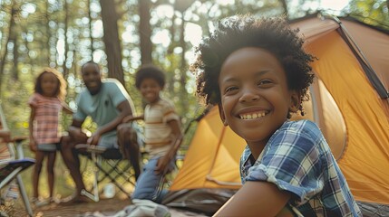 African American family enjoying a camping vacation in a national park.