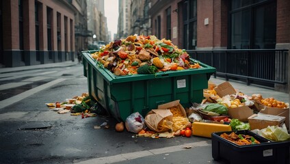 food waste. waste bin overflowing with discarded food scraps. Generative ai - obrazy, fototapety, plakaty