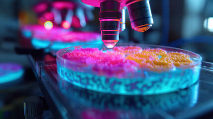 Vibrant Microscope View of Cell Cultures in Petri Dish for Scientific Research