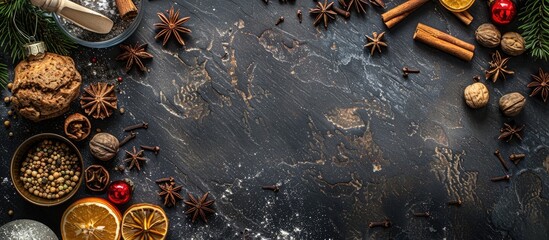 Top-down view of a culinary setup featuring Christmas winter spices and baking ingredients on a...