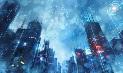 Crafted in watercolor, depict a futuristic cityscape with sleek, glowing navigation icons towering above from a low-angle view
