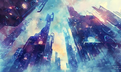 Crafted in watercolor, depict a futuristic cityscape with sleek, glowing navigation icons towering above from a low-angle view