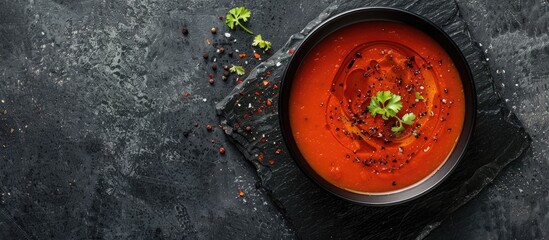 Tomato soup presented in a black bowl against a grey stone backdrop from a top-down perspective, with space for duplication.