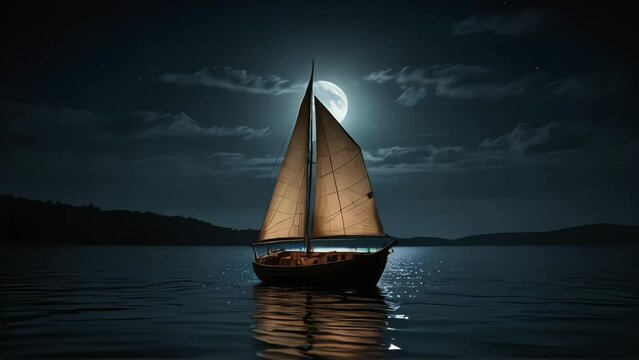wooden boat sail on water under dark night with moonlight 