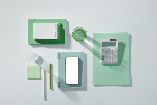 Flat lay smartphone mockup, paper notebook, pen, on white background. 